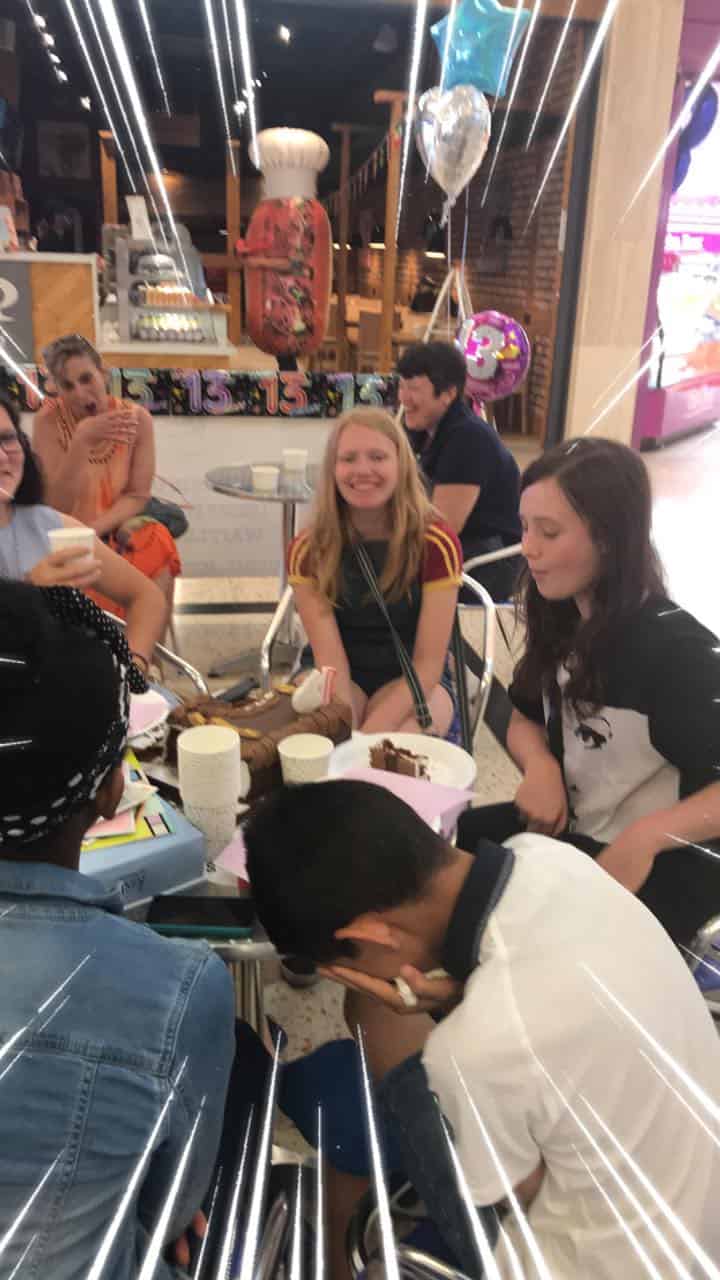 7 people smiling in a birthday party